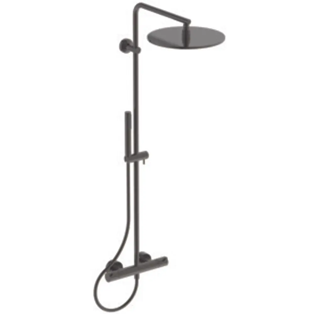 Duschsystem von Ideal Standard mit runder Kopfbrause, Handbrause und schlanker, vertikaler Montage. In mattem Schwarz gehalten, mit ergonomischen Griffen.